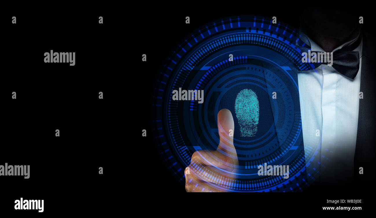 Hand thumb finger print security log in. Cyberspace security system concept background. Stock Photo