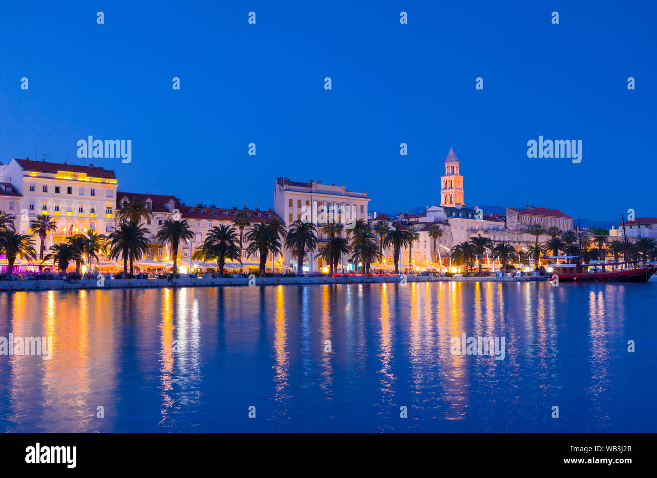 Split Harbour with Cathedral of Saint Domnius at Dusk, Split, Dalmatian Coast, Croatia, Europe Stock Photo