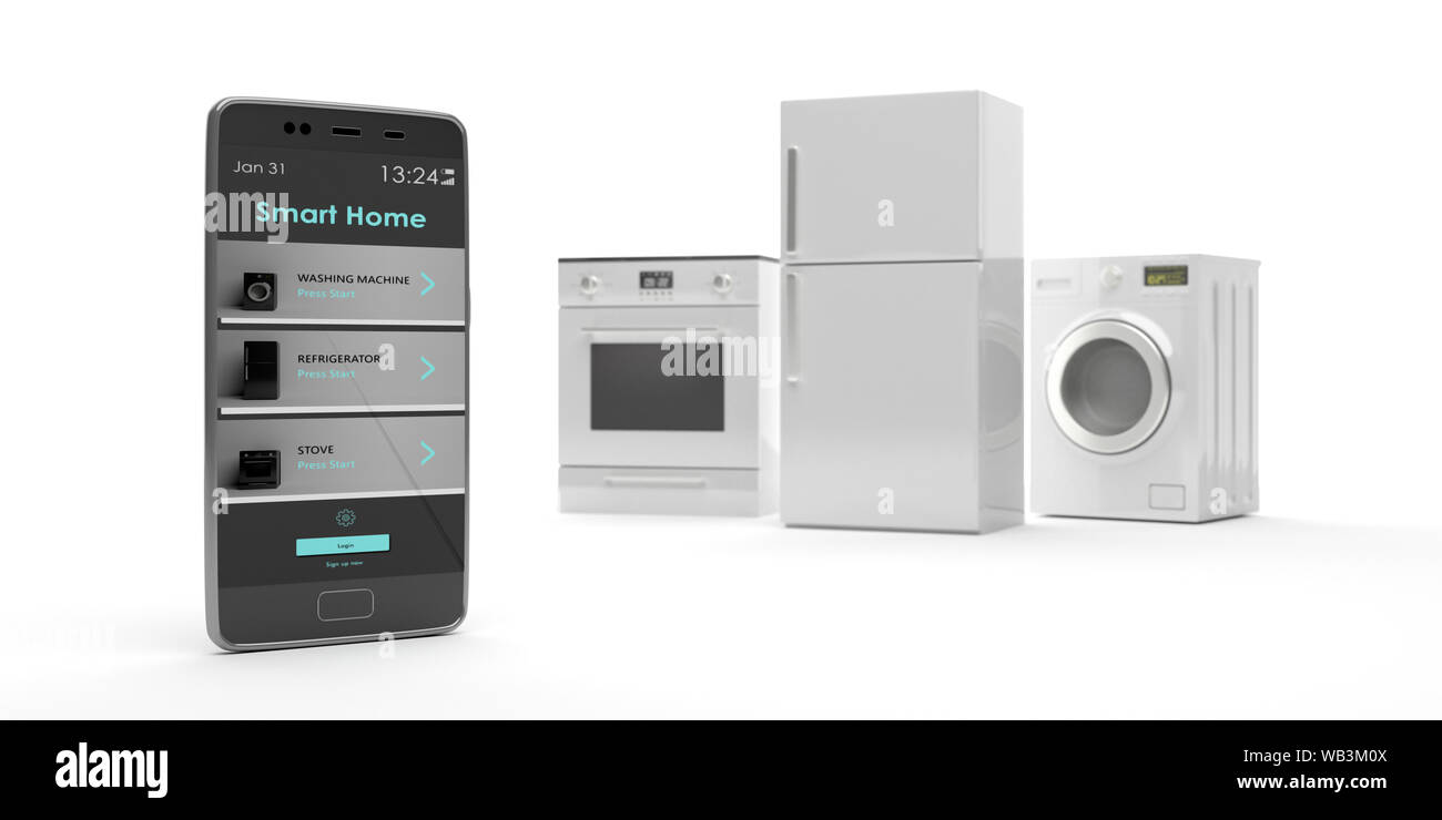Smart home app, remote control. Home appliances set and mobile phone