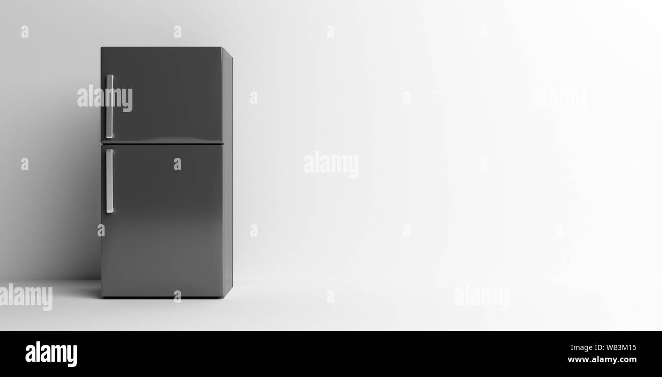Refrigerator, fridge home appliance, black color against white background, copy space. 3d illustration Stock Photo