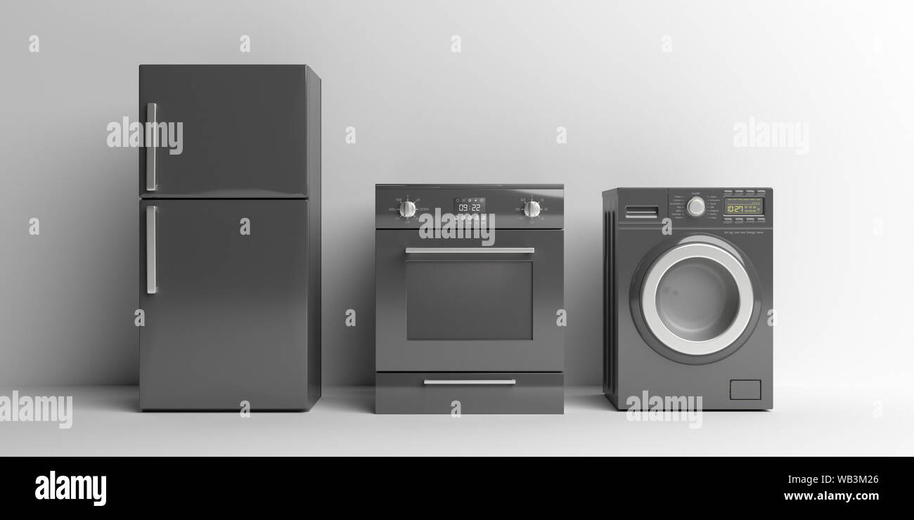 Home appliances set black color against white background. Fridge, electric stove and washing dryer machine. 3d illustration Stock Photo