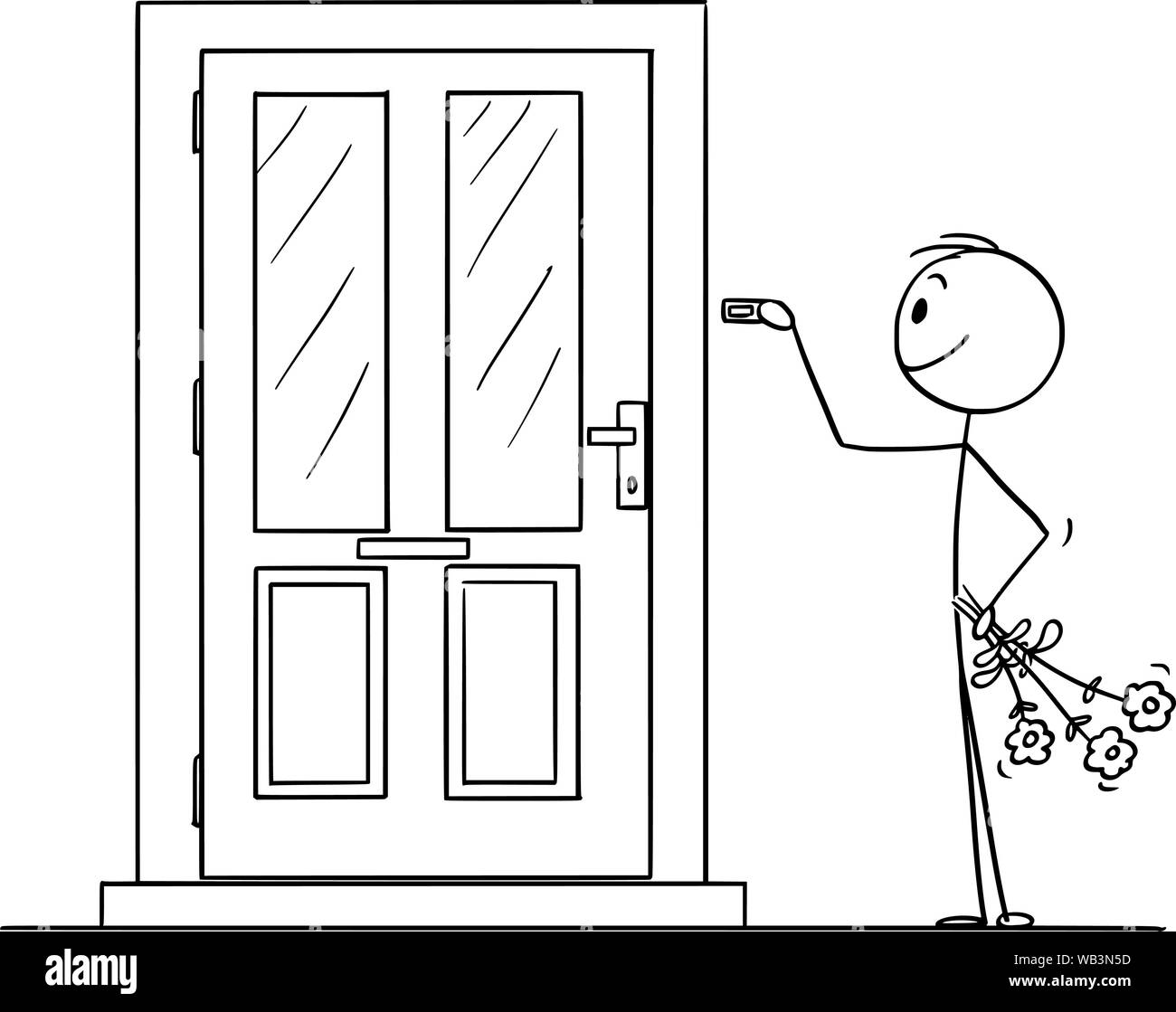 Vector cartoon stick figure drawing conceptual illustration of smiling man in love with flowers ringing the door bell. Stock Vector