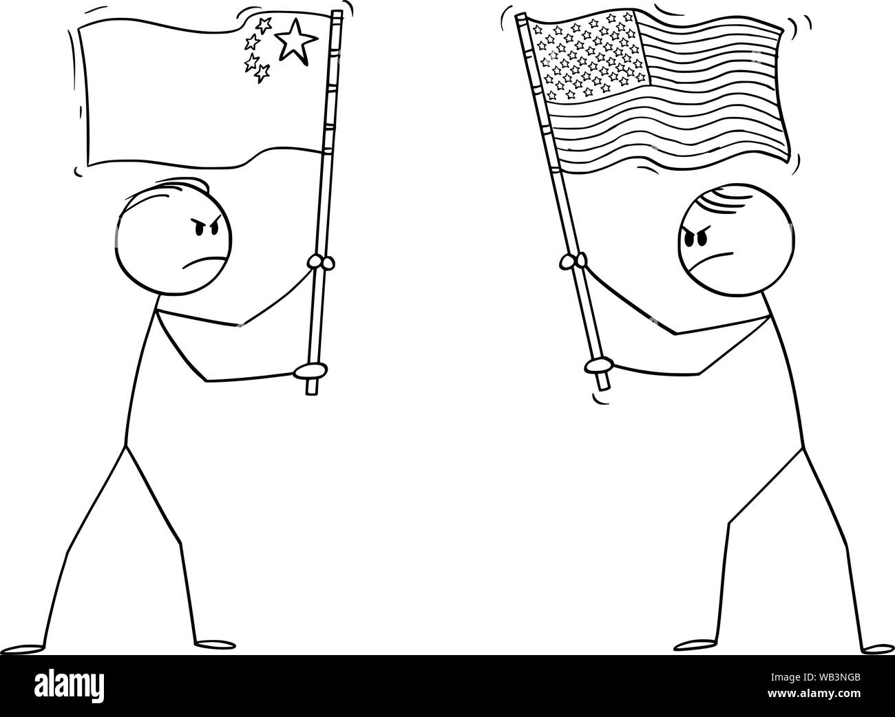 Vector cartoon stick figure drawing conceptual illustration of two angry men, politicians or businessmen holding flags of USA or United States and China. Concept of trade war and conflict. Stock Vector