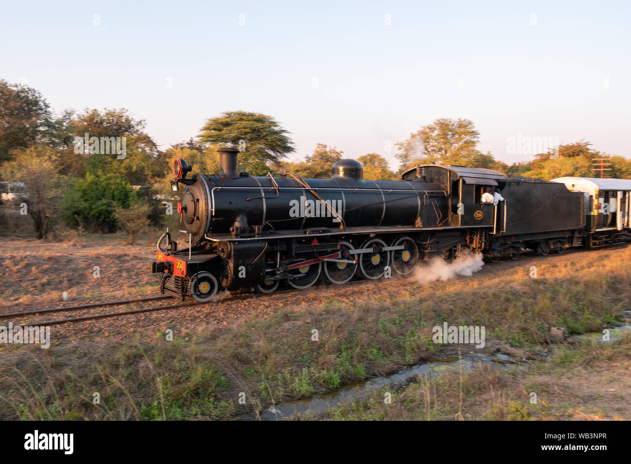 Victoria Falls, Zimbabwe - August 2 2019: Steam Train with Engine at Victoria Falls, pulled by Zambia Railways Steam locomotive 204. Stock Photo