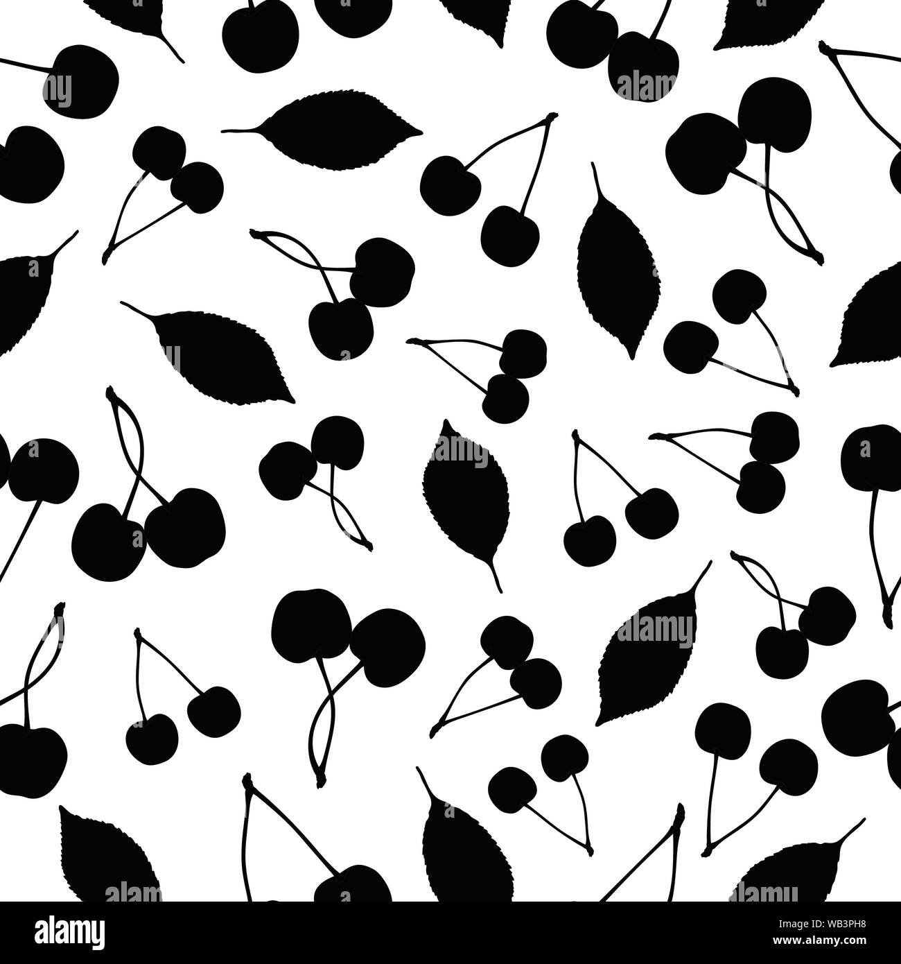 Black cherry fruits and leaves seamless pattern isolated Stock Vector