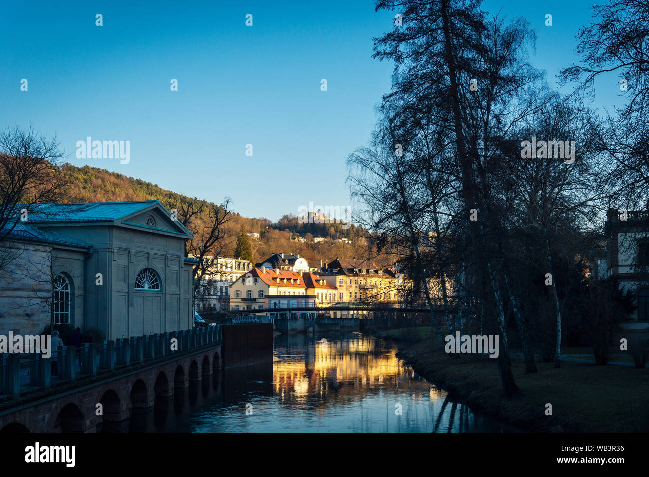 Bad Kissingen Bavaria, Germany - February 15 2019: View of the picturesque world famous health resort on the banks of the river Saale - Bad Kissingen Stock Photo
