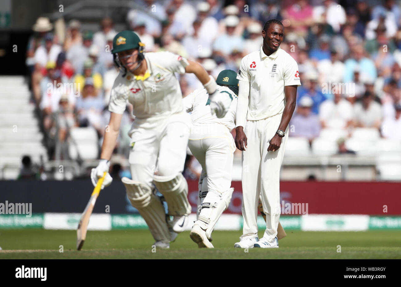 England's Jofra Archer reacts as Australia score runs during day three of the third Ashes Test match at Headingley, Leeds. Stock Photo