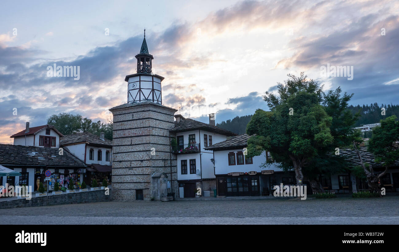 The famous clock tower of the Bulgarian town Tryavna during sun set