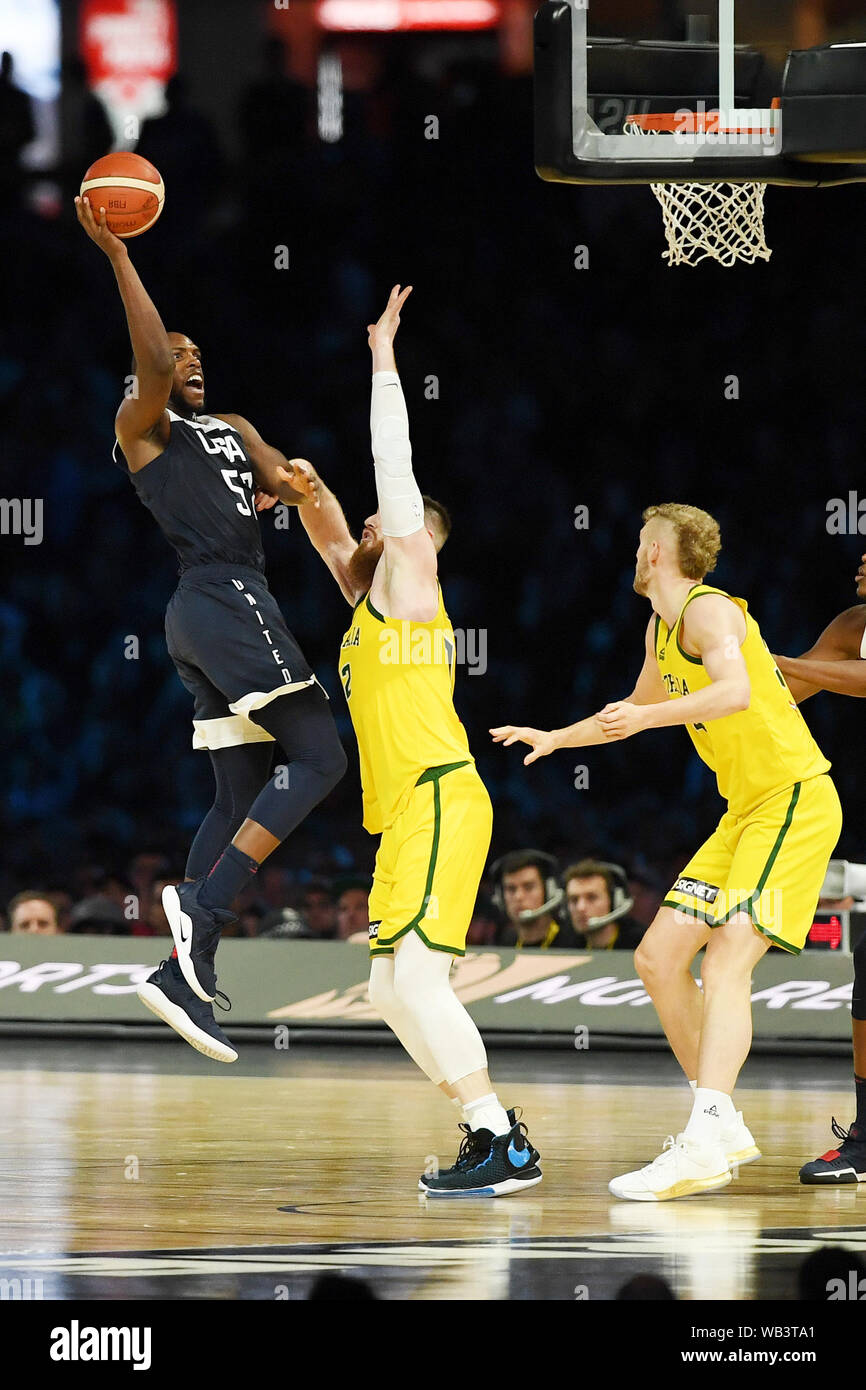 Melbourne, Victoria, Australia. 24th August 2019; Marvel Stadium, Melbourne, Victoria, Australia; International Basketball, United States of America versus Australia Boomers; Khris Middleton of USA has a loop shot at the basket - Editorial Use Only. Credit: Action Plus Sports Images/Alamy Live News Stock Photo