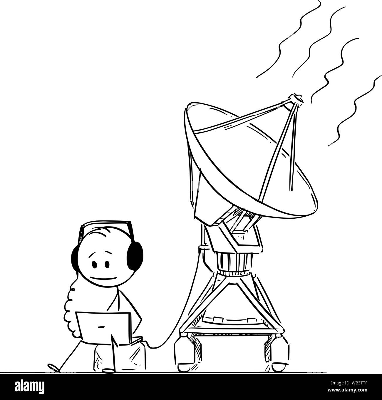 Vector cartoon stick figure drawing conceptual illustration of man or scientist watching and hearing alien space signal from NASA SETI antenna. Stock Vector