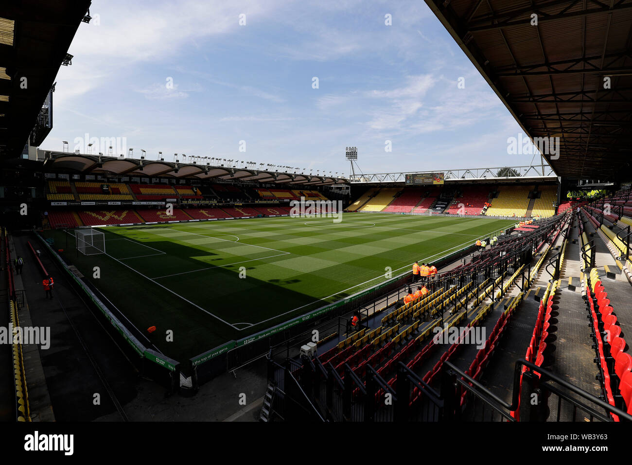 Watford, Hertfordshire, UK. 24th August 2019. Vicarage Road, Watford, Hertfordshire, England; English Premier League Football, Watford Football Club versus West Ham United; General view of Vicarage Road stadium - Strictly Editorial Use Only. No use with unauthorized audio, video, data, fixture lists, club/league logos or 'live' services. Online in-match use limited to 120 images, no video emulation. No use in betting, games or single club/league/player publications Credit: Action Plus Sports Images/Alamy Live News Credit: Action Plus Sports Images/Alamy Live News Stock Photo