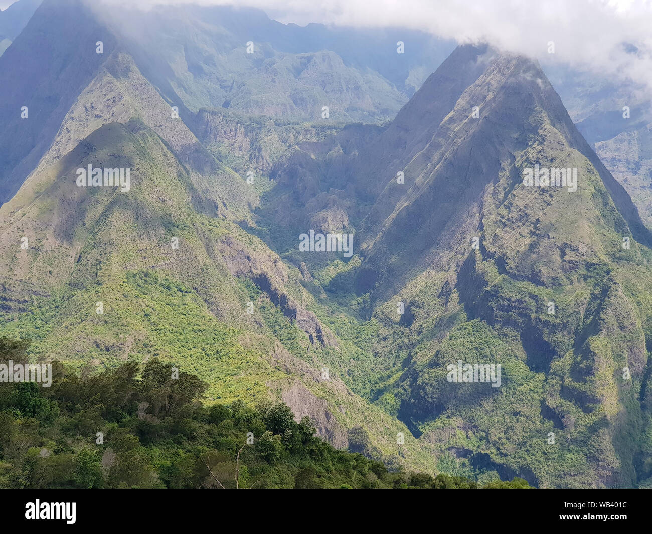 view on mountains of cirque de mafate at cap noir hiking trail Stock Photo