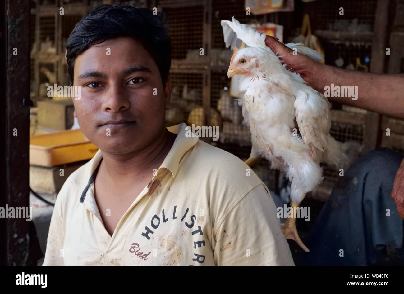 Employees in a slaughterhouse in Bhendi Bazar, Mumbai, India, amusing and teasing themselves with a (for the time being) live chicken Stock Photo