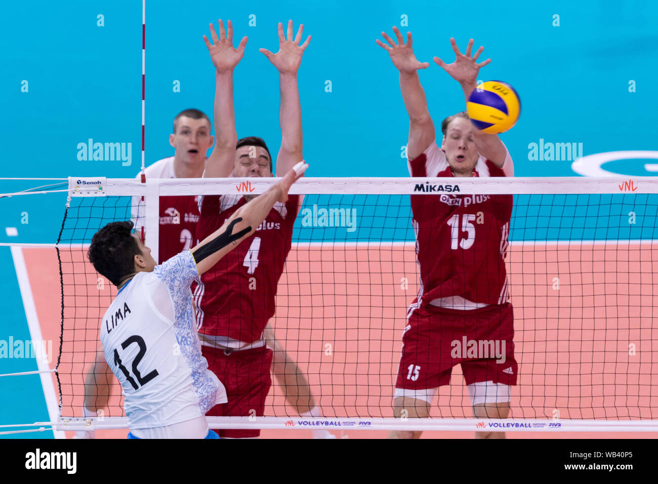 ATTACCO OF BRUNO LIMA during Nations League Men - Polonia Vs Argentina , Milano, Italy, 21 Jun 2019, Volleyball Volleyball Intenationals Stock Photo