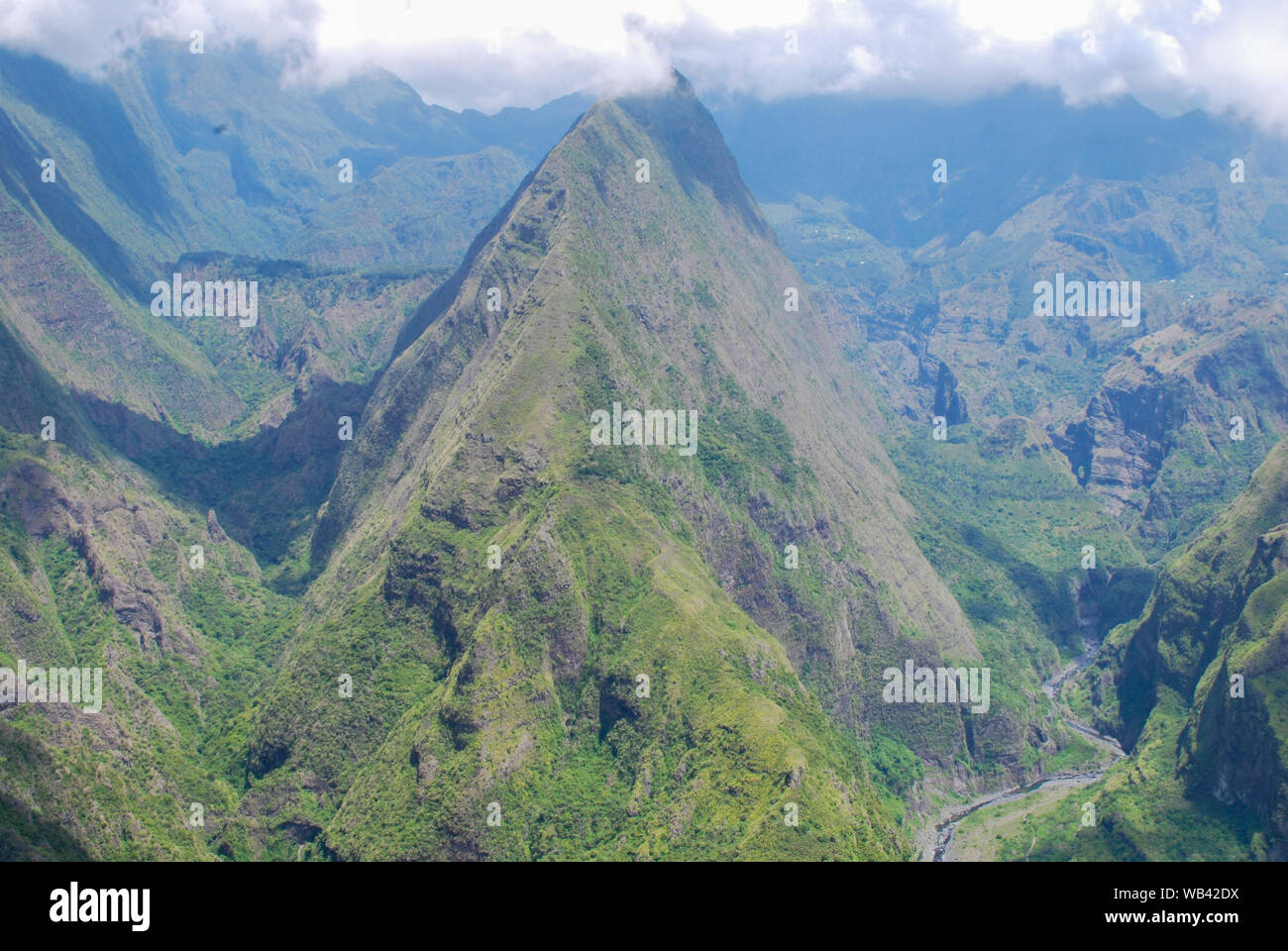 view on mountains of cirque de mafate at cap noir hiking trail Stock Photo