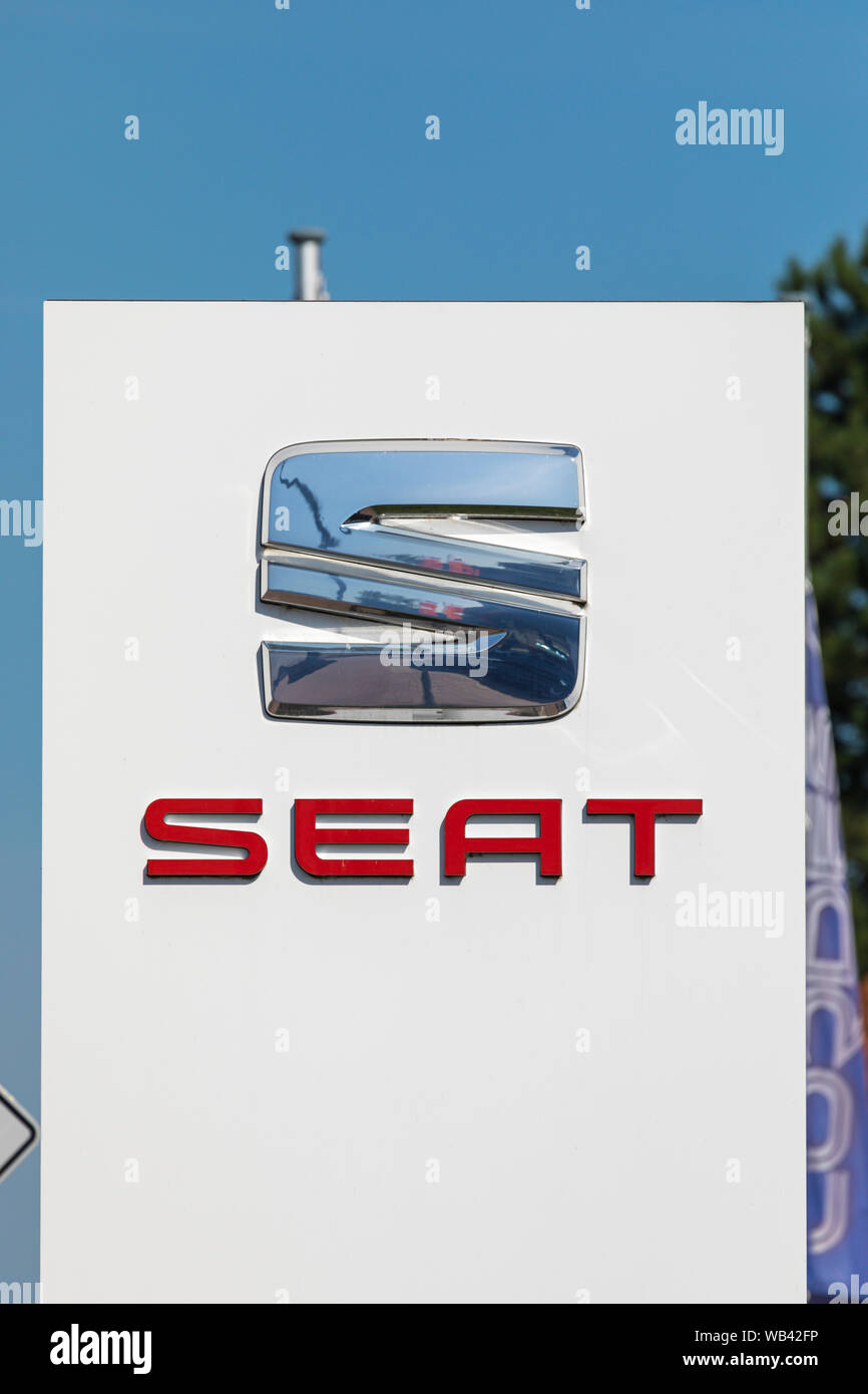 Stade, Germany - August 22, 2019: Sign on pole identifying a SEAT cars dealership Stock Photo