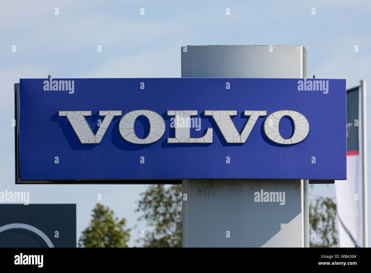 Stade, Germany - August 22, 2019: Signage on pole identifying a Volvo  cars dealership. Stock Photo