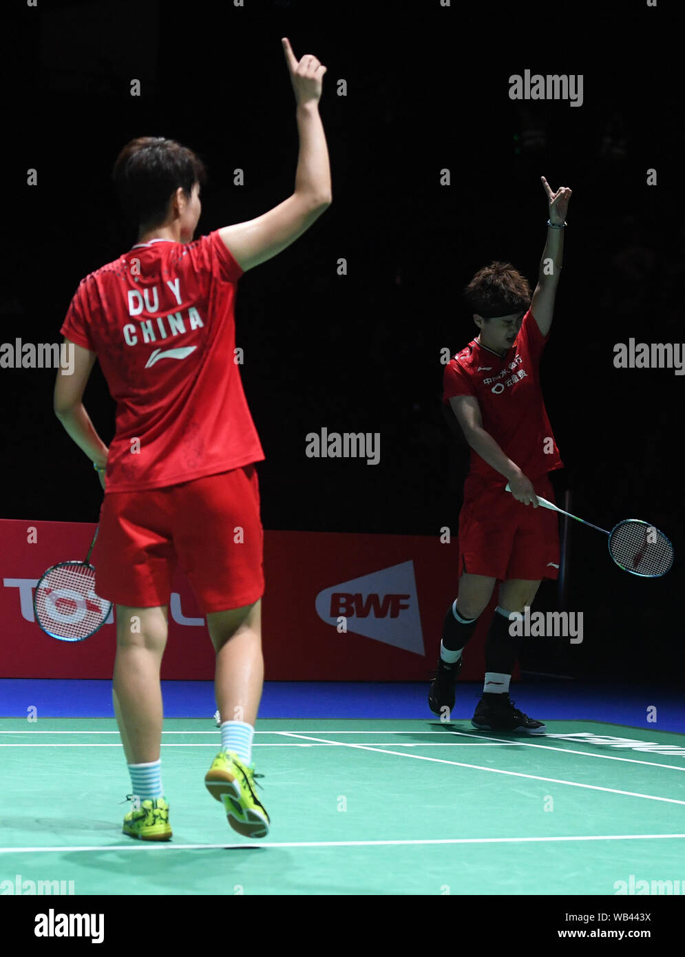 Basel, Switzerland. 24th Aug, 2019. China's Du Yue (L)/Li Yinhui gesture  during the women's doubles semifinal match against Japan's Fukushima  Yuki/Hirota Sayaka at the BWF Badminton World Championships 2019 in Basel,  Switzerland,