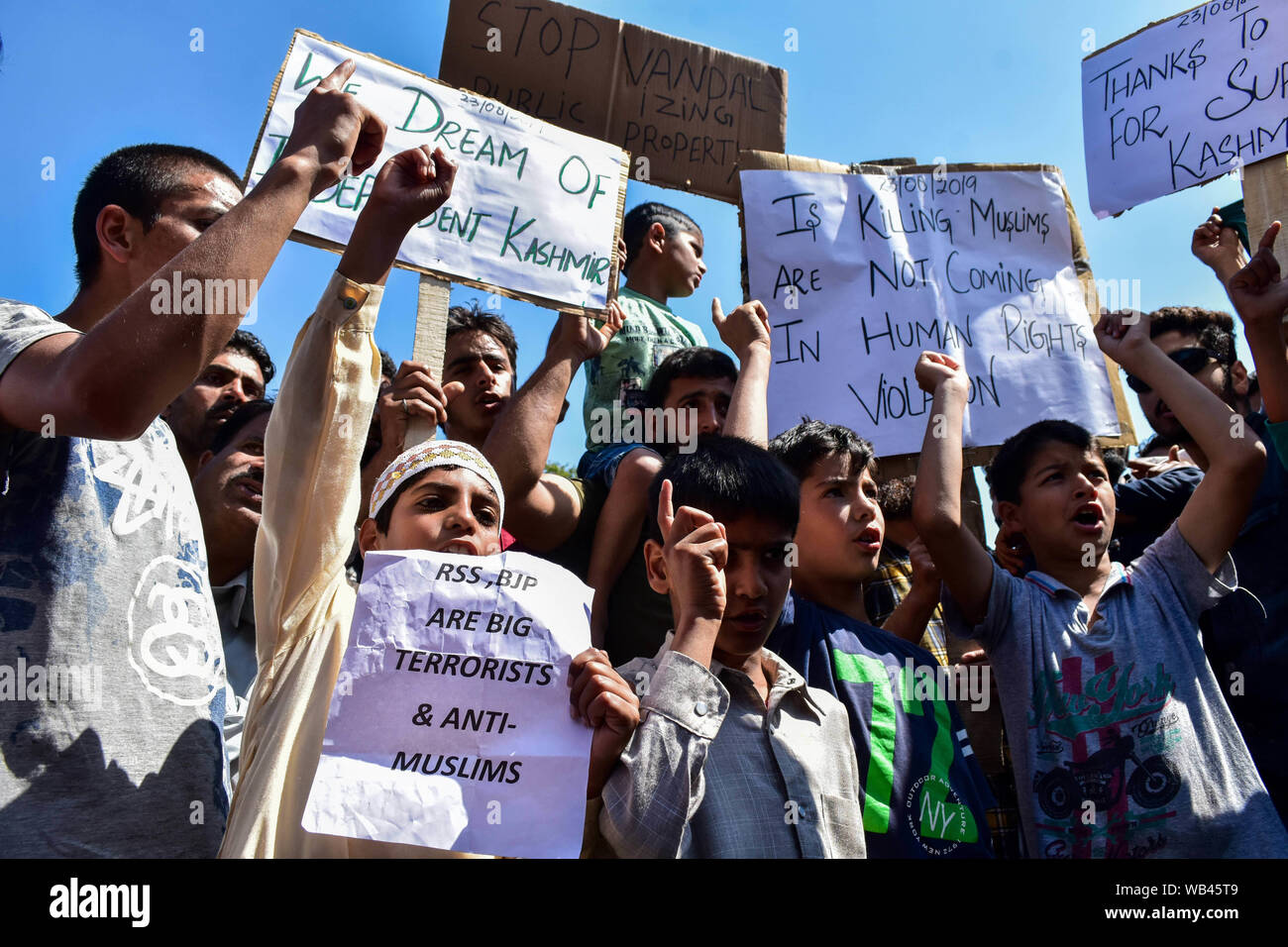 Srinagar, India. 23rd Aug, 2019. Kashmir protesters chant slogans while holding placards during the rally.A rally was held in Srinagar city following the decision taken by the central government to scrap article 370 which grants special status to Jammu & Kashmir. Credit: SOPA Images Limited/Alamy Live News Stock Photo