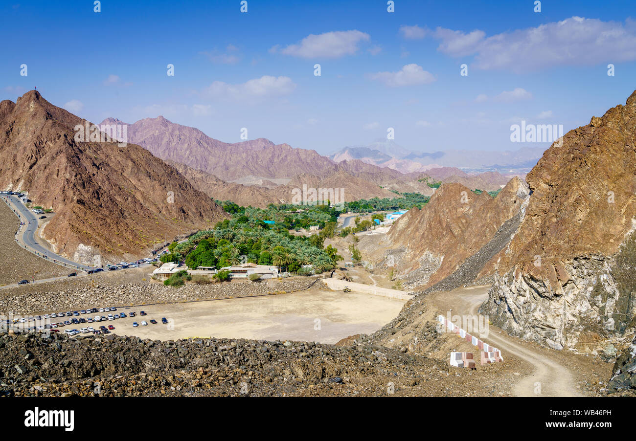 High angle view of an oasis near Hatta Dam in the Emirate of Dubai, UAE Stock Photo