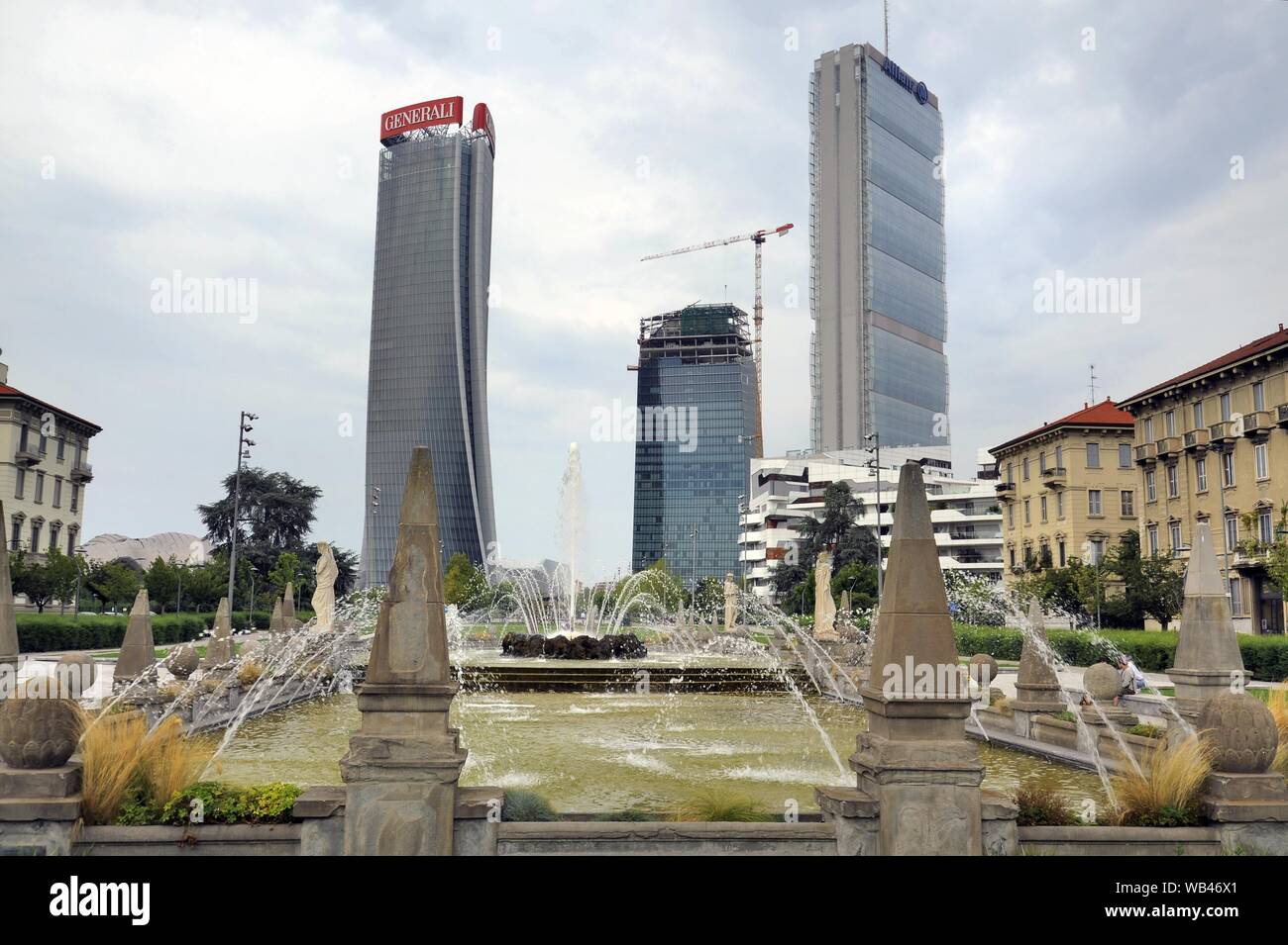 Milan (Italy), the new CityLife district, from left Hadid tower (Milan Assicurazioni Generali headquarters), Libeskind tower (PricewaterhouseCoopers) and Isozaki tower (new headquarters of Allianz Italy), nicknamed lo Storto, il Curvo and il Dritto (the Crooked, the Curved and the Straight) Stock Photo