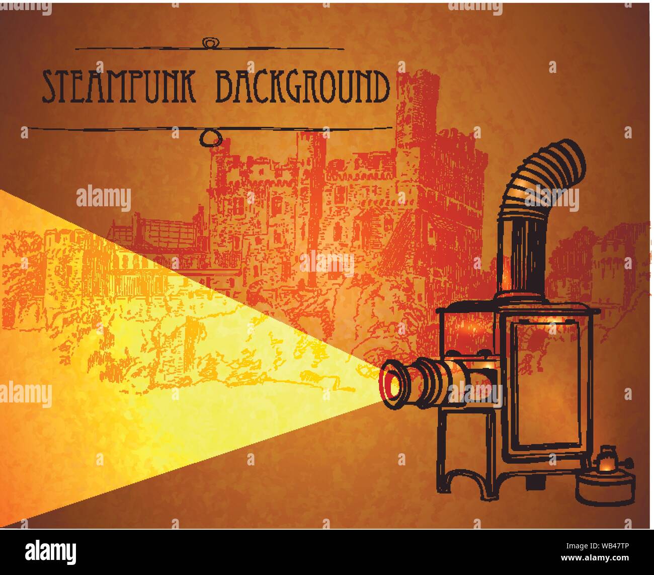 Template steampunk design for card with old antique projector. Frame