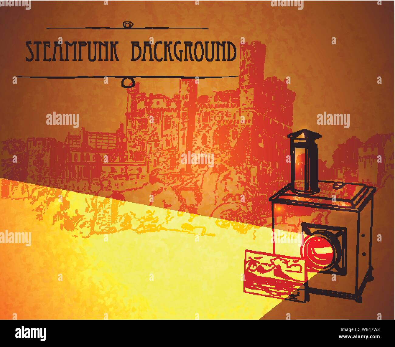 Template steampunk design for card with old antique projector. Frame