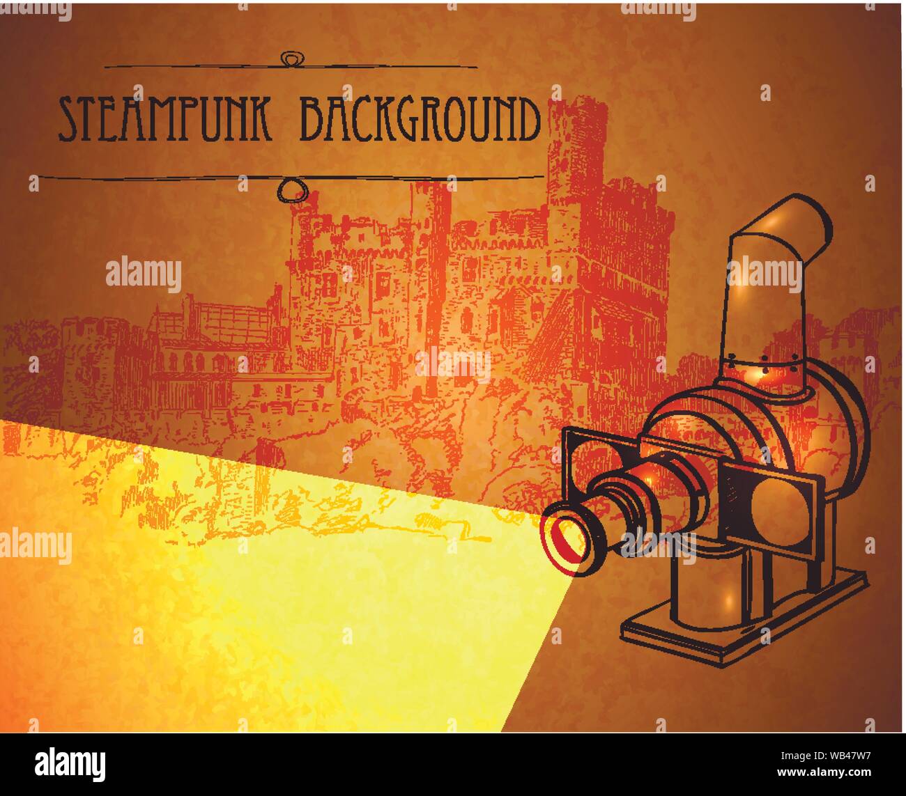 Template steampunk design for card with old antique projector. Frame