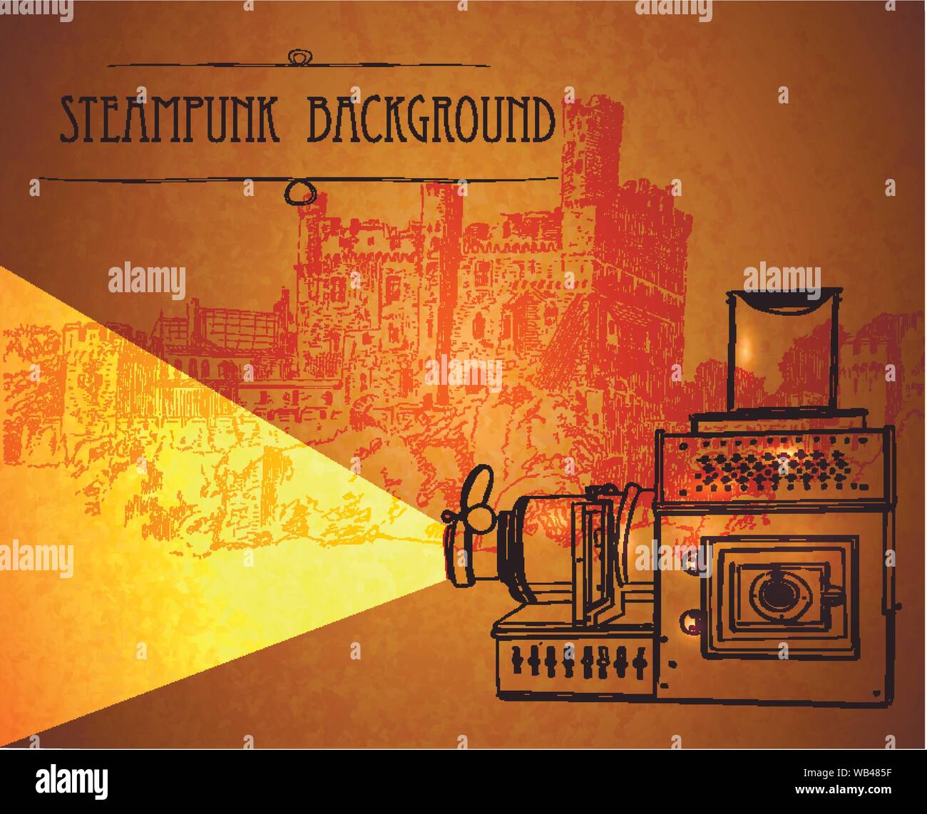 Template steampunk design for card with old antique projector. Frame