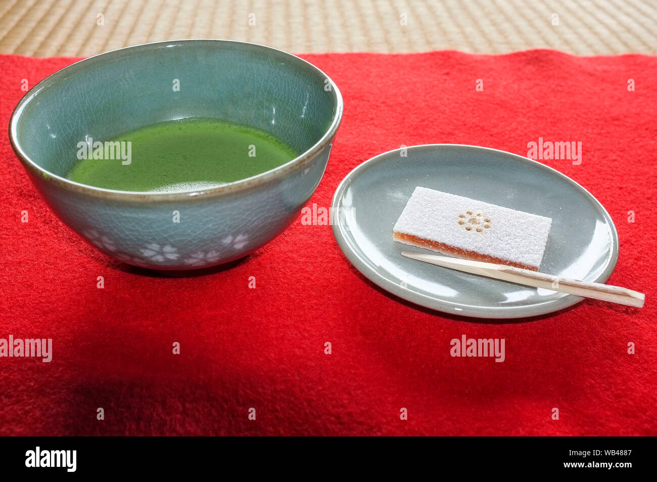 Japanese green tea called Matcha or macha with traditional sweet cake in Japan. Stock Photo