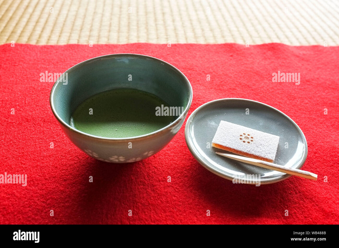 Japanese green tea called Matcha or macha with traditional sweet cake in Japan. Stock Photo