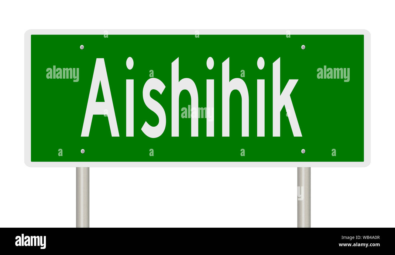 Rendering of a green highway sign for Aishihik Yukon Territory Canada Stock Photo