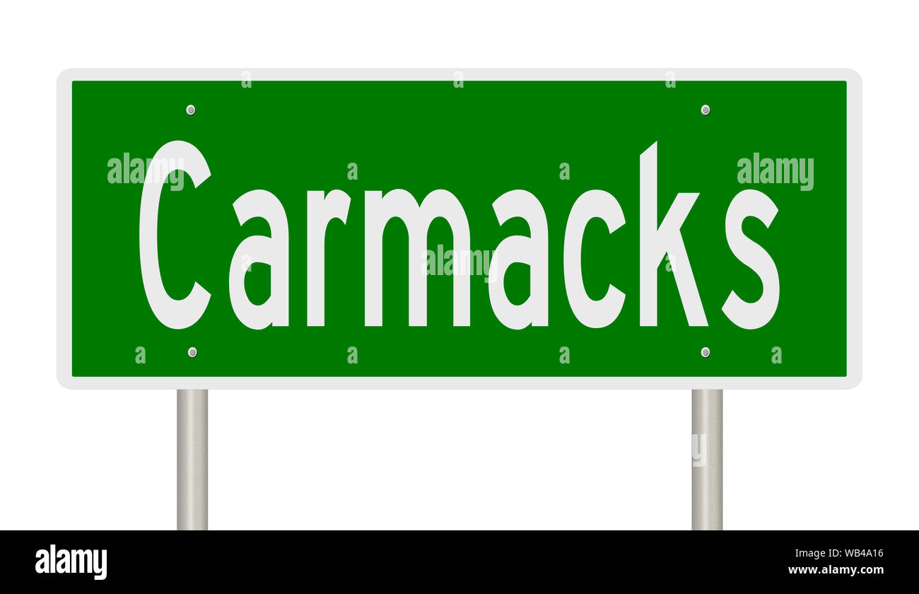 Rendering of a green highway sign for Carmacks Yukon Territory Canada Stock Photo