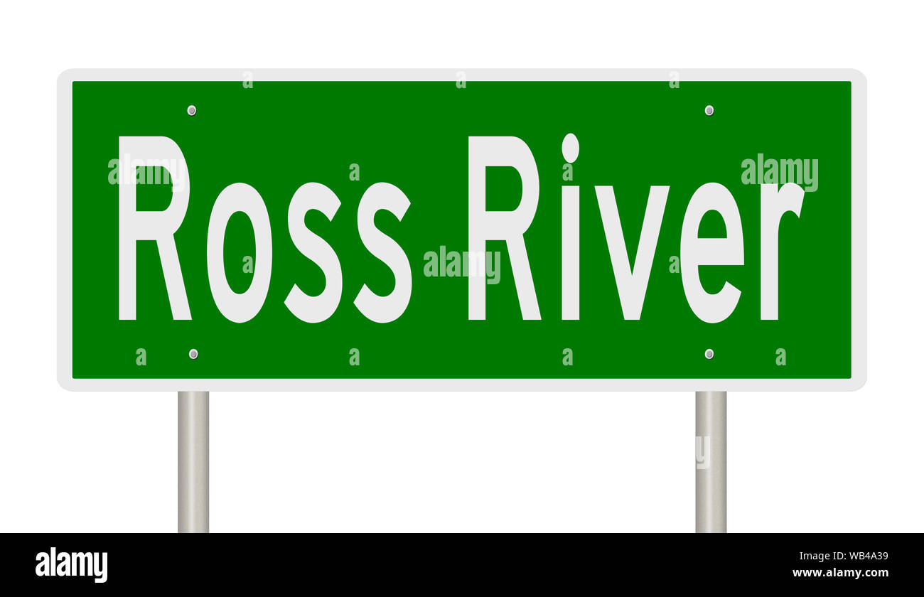 Rendering of a green highway sign for Ross River Yukon Territory Canada Stock Photo
