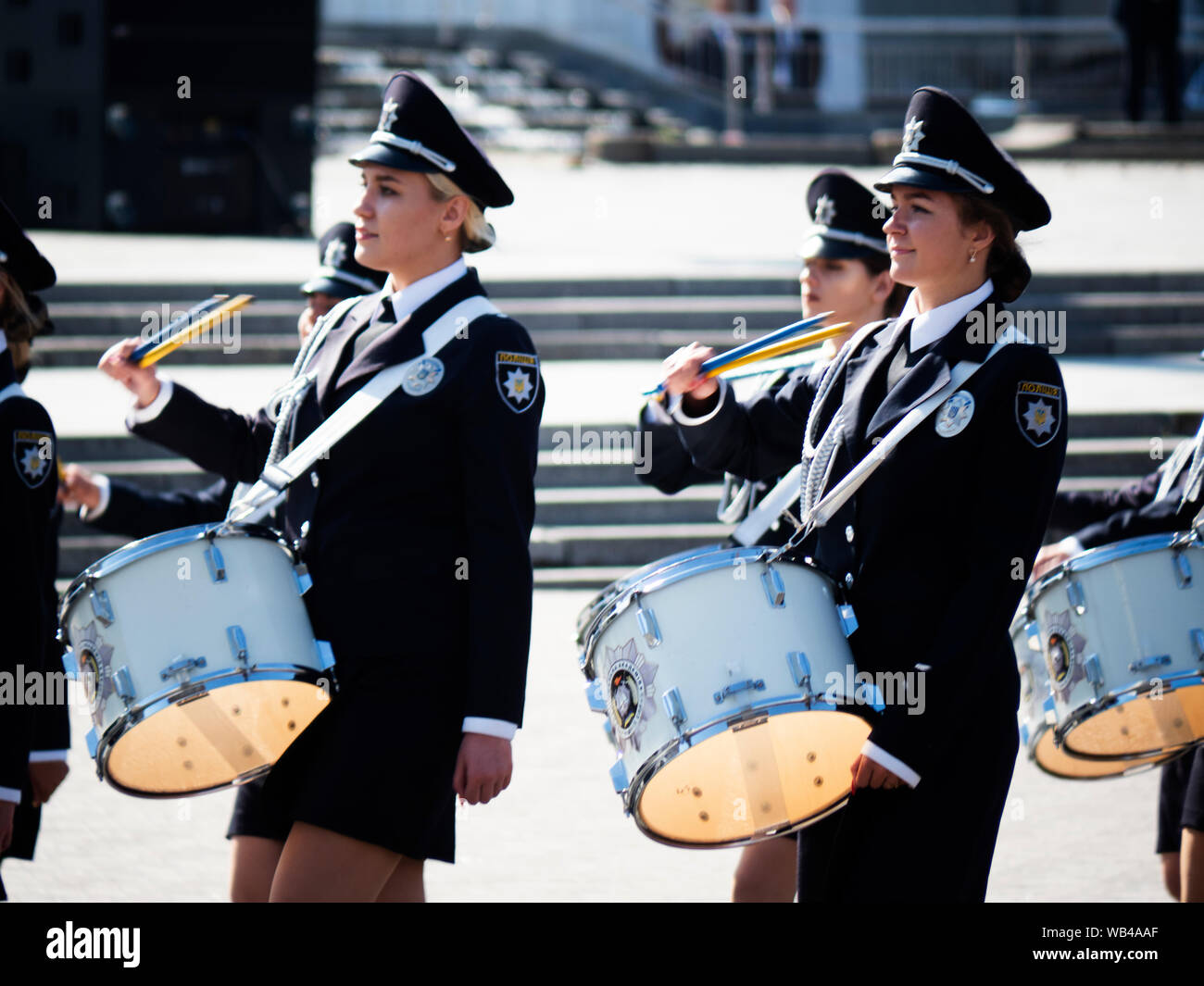 Orchestra of women drummers of the National Police of Ukraine. The Procession of Dignity dedicated to the 28th anniversary of Independence Day of Ukraine was held in Kiev. President Vladimir Zelensky, the leadership of the state, military APU, volunteers, athletes, prominent Ukrainians and so on took part in it Stock Photo