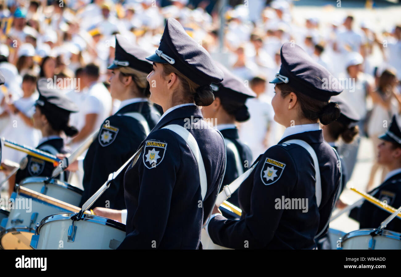 Orchestra of women drummers of the National Police of Ukraine. The Procession of Dignity dedicated to the 28th anniversary of Independence Day of Ukraine was held in Kiev. President Vladimir Zelensky, the leadership of the state, military APU, volunteers, athletes, prominent Ukrainians and so on took part in it Stock Photo