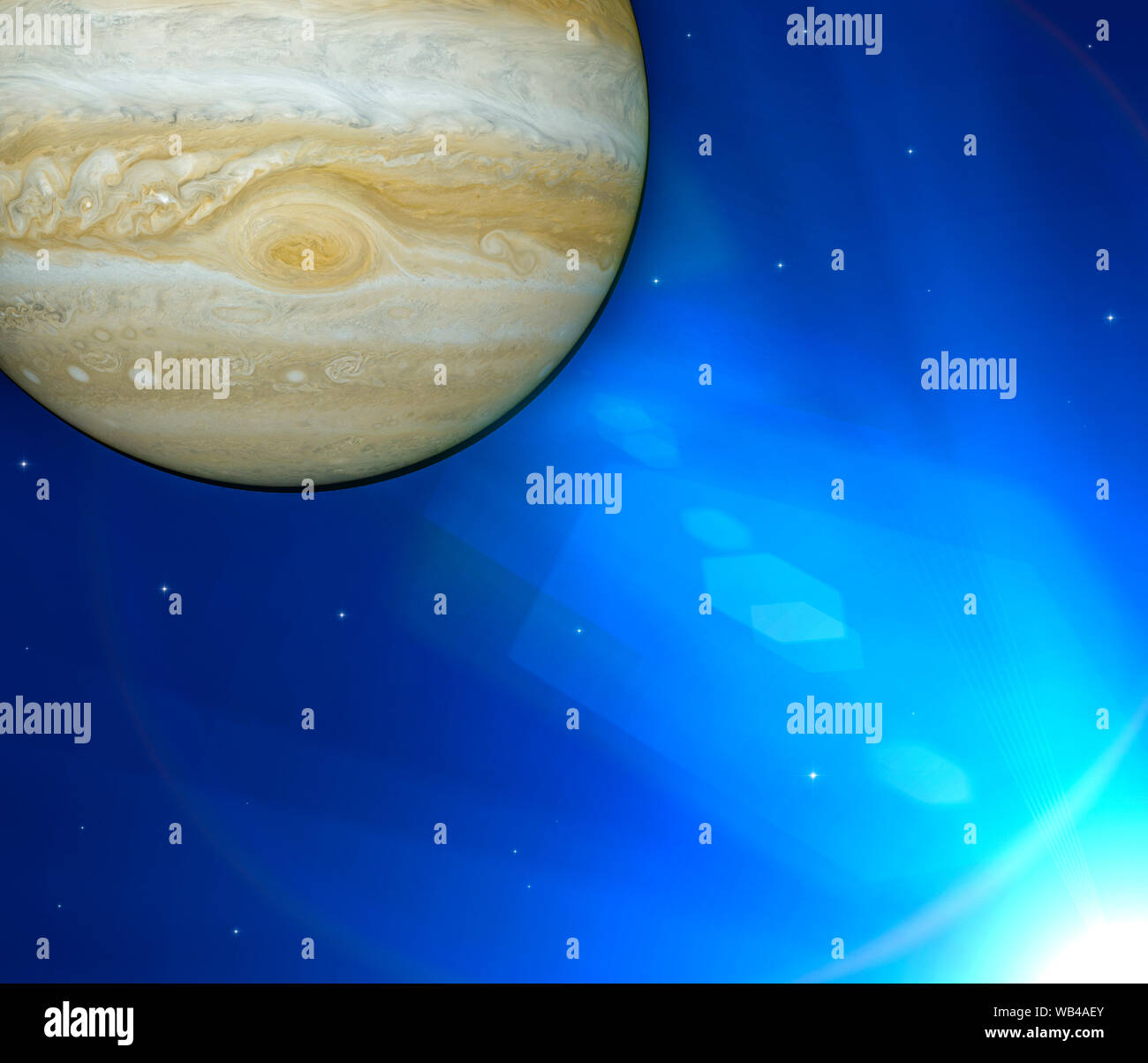 View of Jupiter and Juno, NASA space probe orbiting the planet. It is the largest planet in our solar system Stock Photo