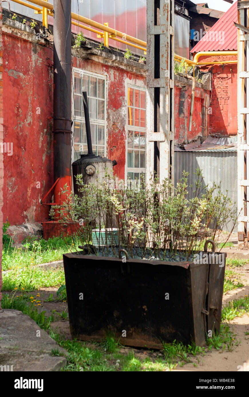 backyard of workshop of an old factory with ornamental vegetation in a clamshell bucket from a retired coal-loading crane Stock Photo