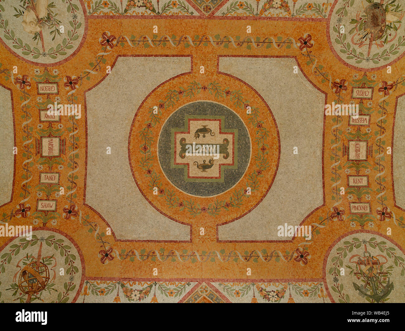 East corridor, Great Hall. Ceiling mosaic representing Law and naming Americans distinguished in law: Shaw, Taney, Marshall, Story, Gibson, Pinckney, Kent, Hamilton, Webster, Curtis. Library of Congress Thomas Jefferson Building, Washington, D.C. Stock Photo