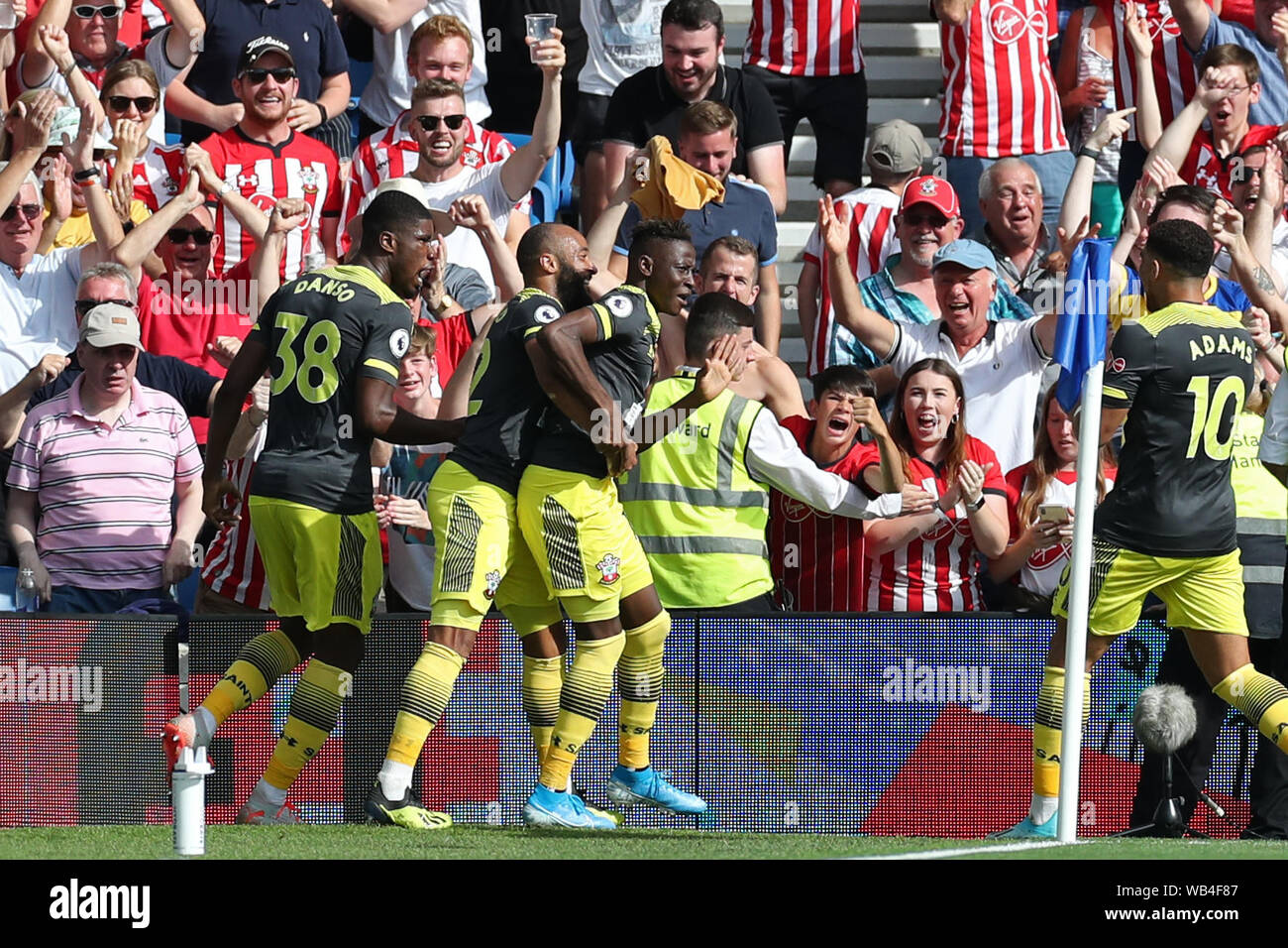 Brighton, UK.  24th Aug, 2019. Southampton forward Moussa Djenepo celebrates his goal during the Premier League match between Brighton and Hove Albion and Southampton at the American Express Community Stadium, Brighton and Hove on Saturday 24th August 2019. (Credit: Jon Bromley | MI News) Credit: MI News & Sport /Alamy Live News Stock Photo