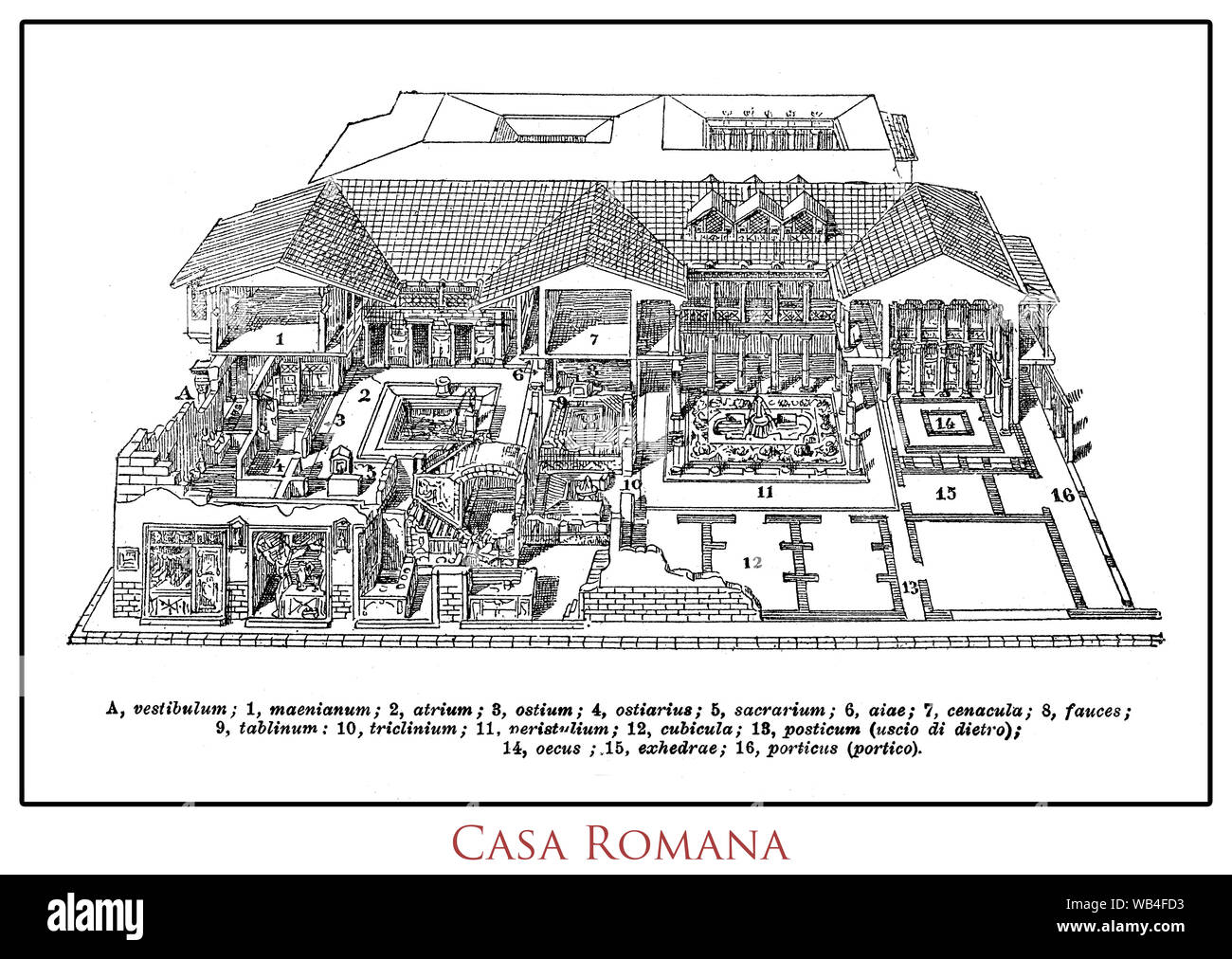 Antique Roman house illustrated table: a single storey house with a central hall (atrium) and the rooms opening there. From am Italian Lexicon of the 19th century with Latin names for the single parts of the house. Stock Photo