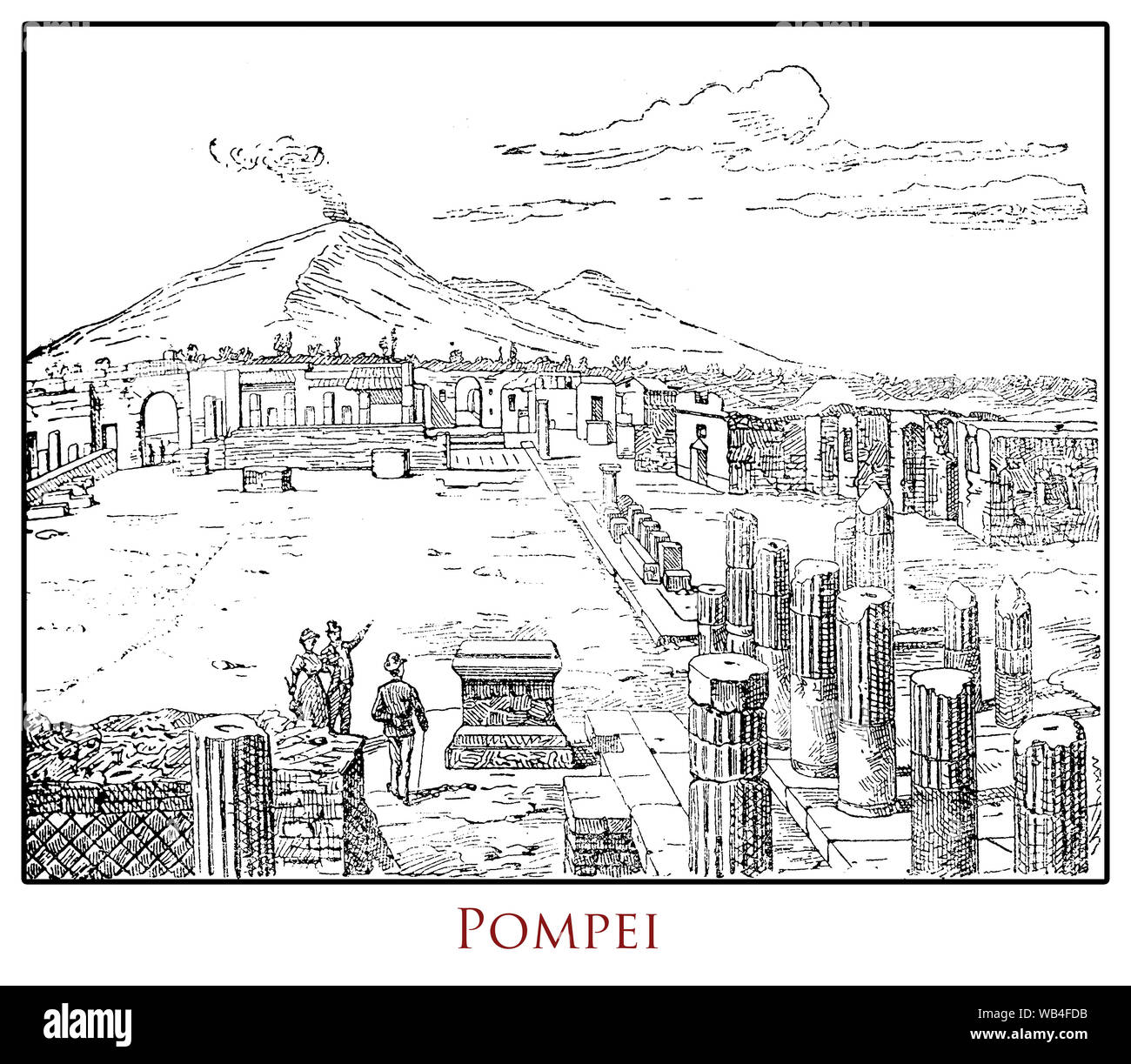 Illustrated table of Pompei archeological site with the Vesuvius volcano from an Italian Lexicon early '900 Stock Photo