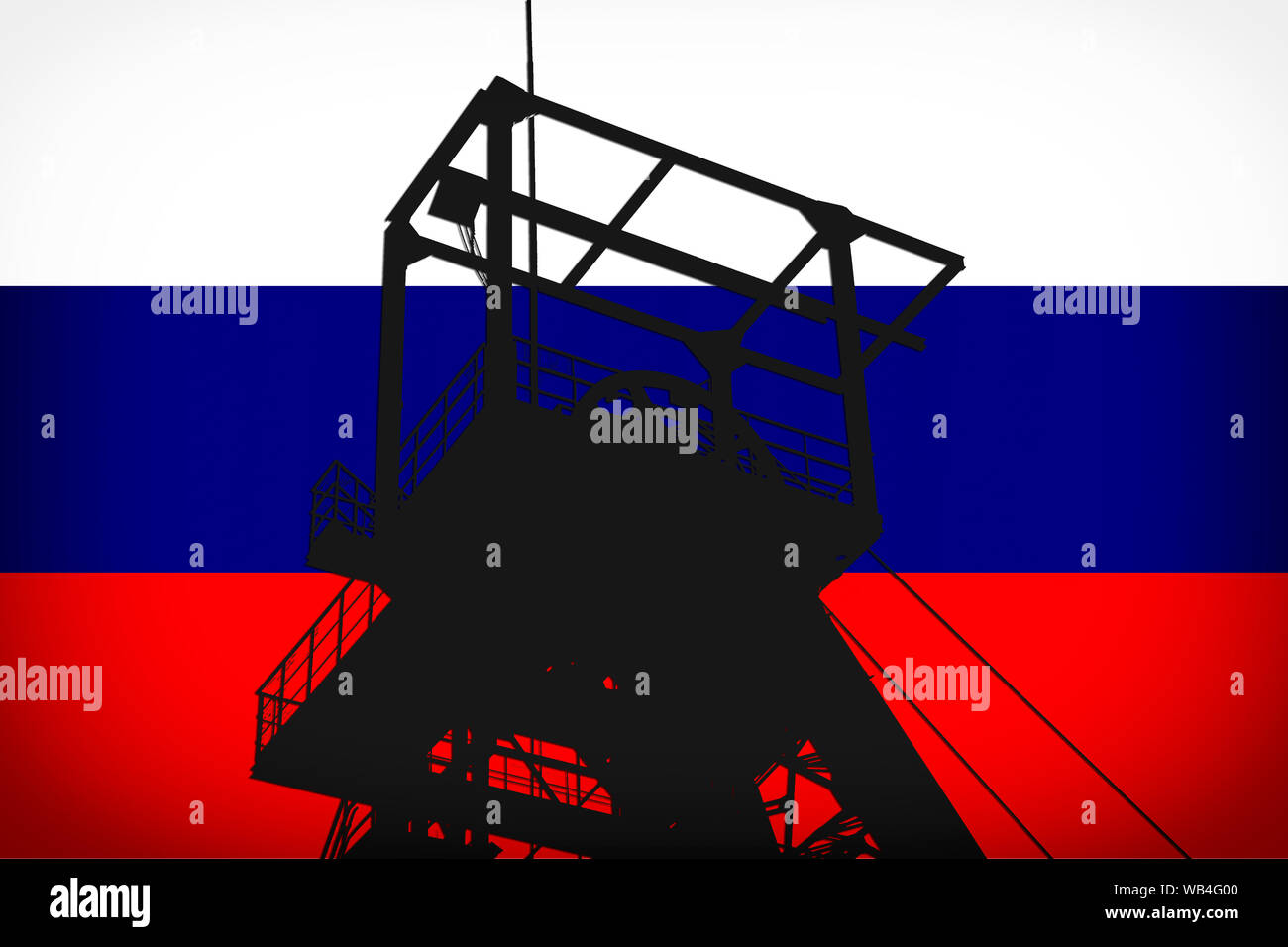 Concept Illustration With USA Flag in the Background And Coal Mine Ferris Wheel SIlhouette in the foreground. Symbole for the upcoming energy crisis Stock Photo