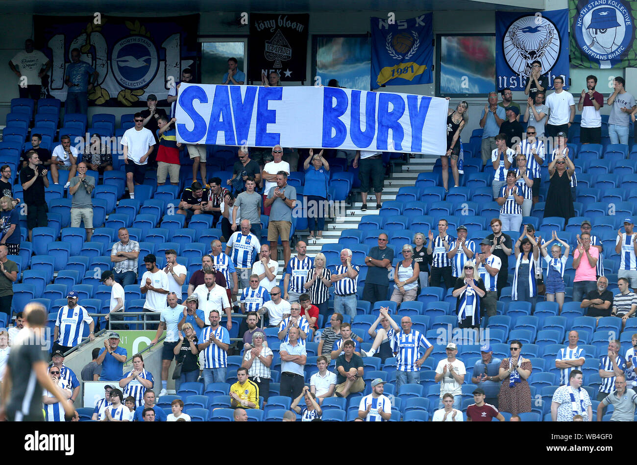 A 'Save Bury' banner in the stands during the Premier League match at the AMEX Stadium, Brighton. Stock Photo
