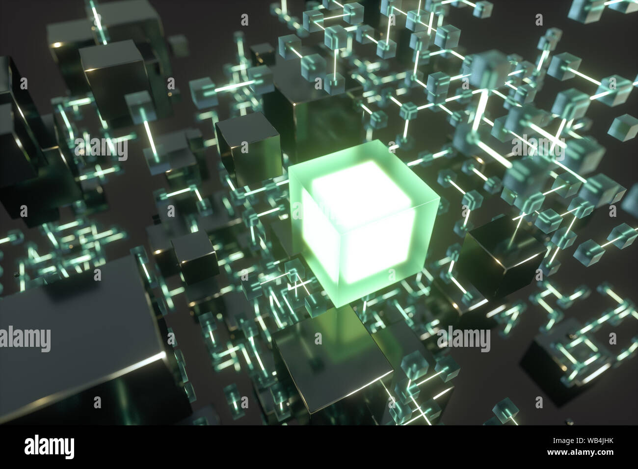 Glowing lines and cubes, technical and scientific background, 3d ...