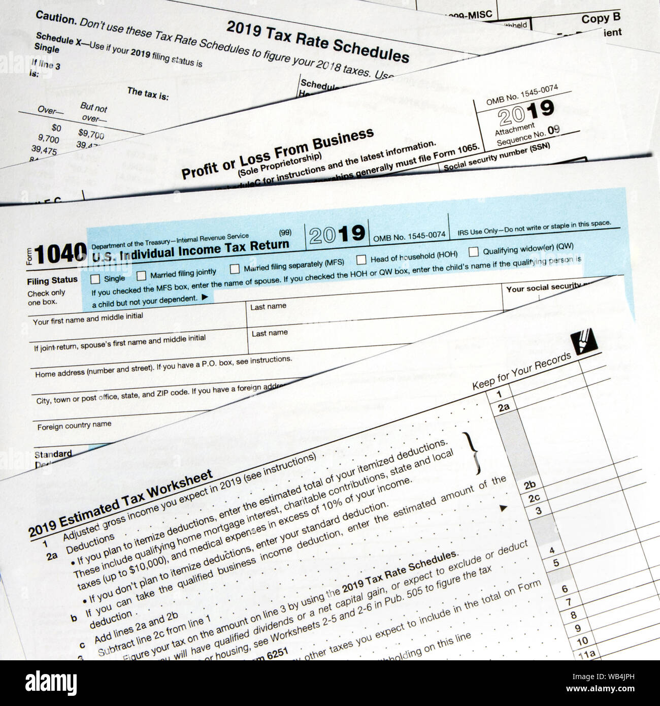 2019 US tax forms lay on a desktop in West Des Moines, Iowa Stock Photo