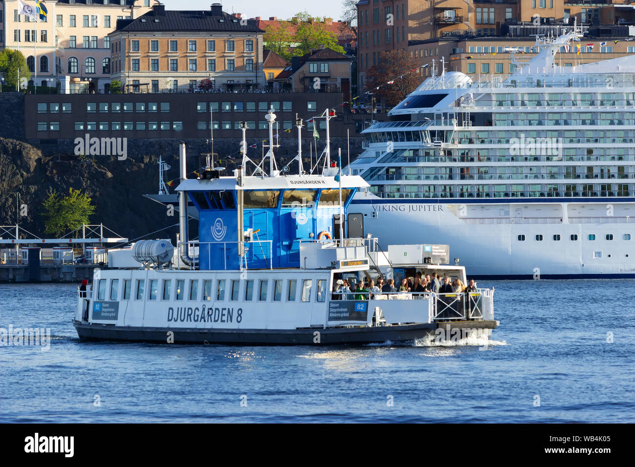 SL (transportation company) Commuter ferry 'Djurgarden 8' carries passengers to the various stop destinations around central stockholm, Djurgarden etc Stock Photo