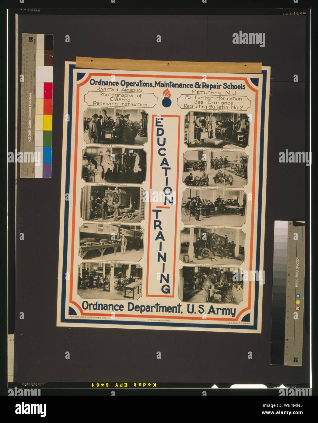 Education - training Abstract: Recruiting poster showing ten photographs of classes receiving instruction at the Raritan Arsenal, Metuchen, N.J. Stock Photo