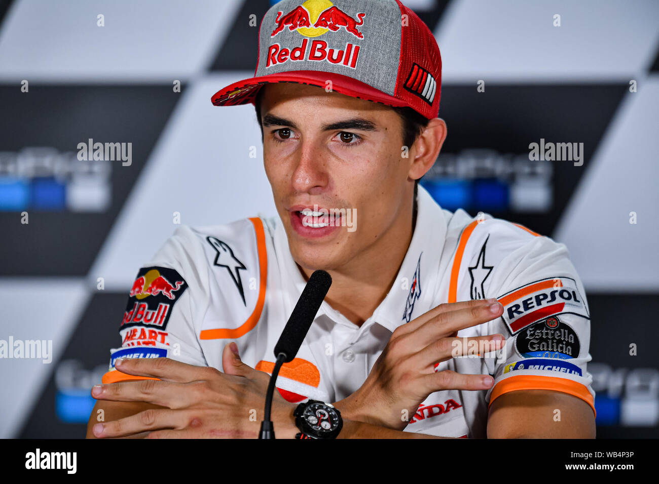 TOWCESTER, UNITED KINGDOM. 24th Aug, 2019. Marc Marquez (SPA) of Repsol Honda Team during Press Conference prior to Sunday’s Race of the GoPro British Grand Prix at Silverstone Circuit on Saturday, August 24, 2019 in TOWCESTER, ENGLAND. Credit: Taka G Wu/Alamy Live News Stock Photo