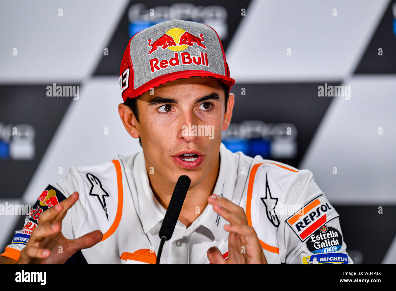 TOWCESTER, UNITED KINGDOM. 24th Aug, 2019. Marc Marquez (SPA) of Repsol Honda Team during Press Conference prior to Sunday’s Race of the GoPro British Grand Prix at Silverstone Circuit on Saturday, August 24, 2019 in TOWCESTER, ENGLAND. Credit: Taka G Wu/Alamy Live News Stock Photo